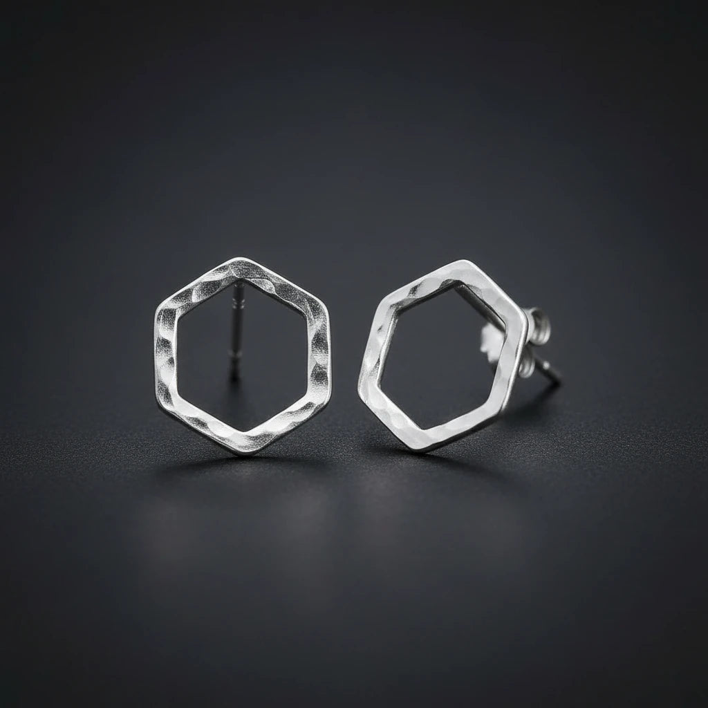 Lazy Maisie Hammered Hexagone Stud Earrings Silver
