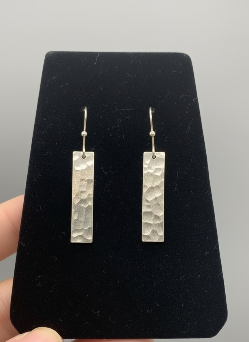 Lazy Maisie Hammered Rectangle Hook Earrings Silver
