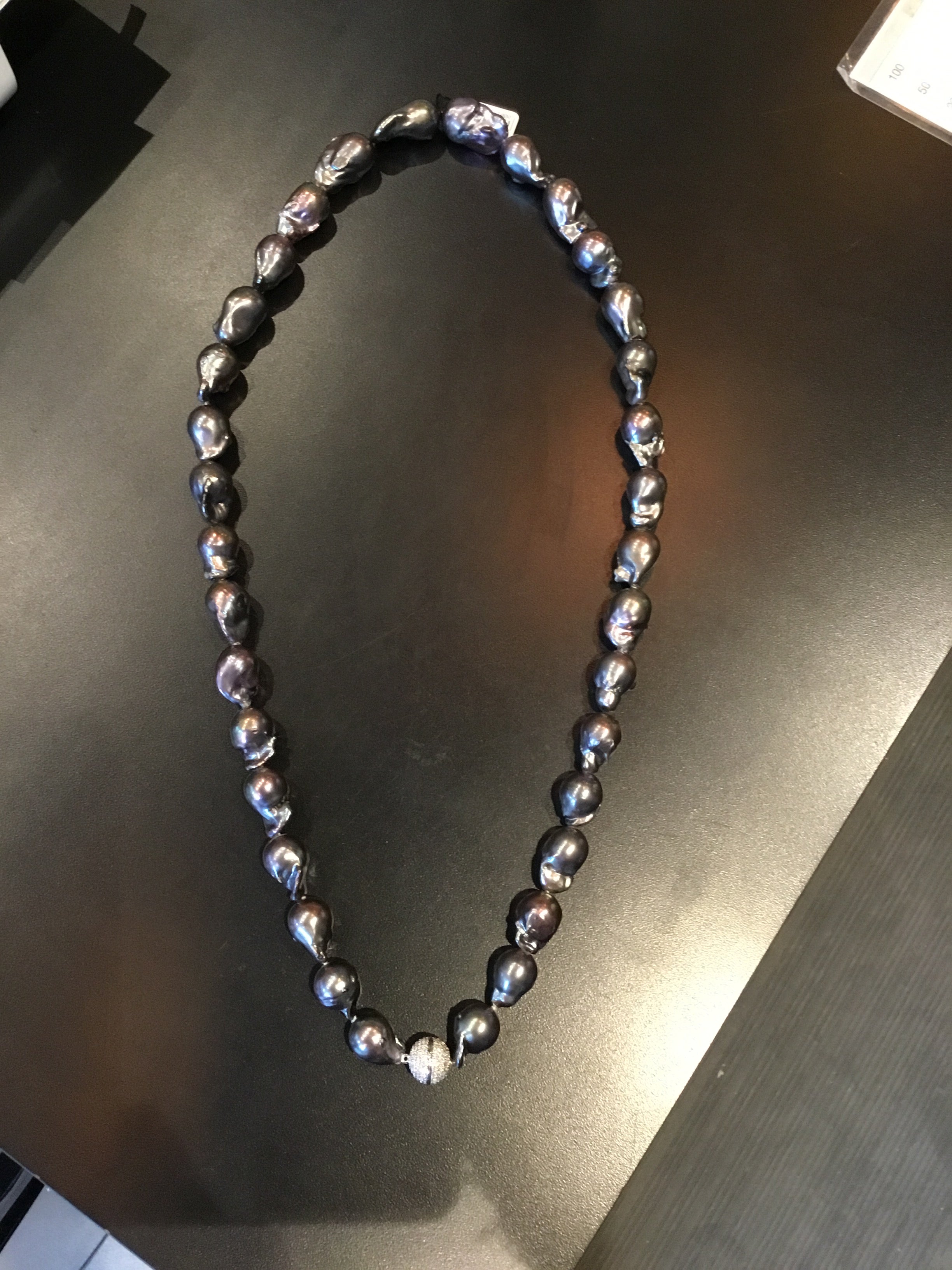 Valerie G Brandt Long Double Strand Black Barcoque Pearl and Pave CZ Diamond