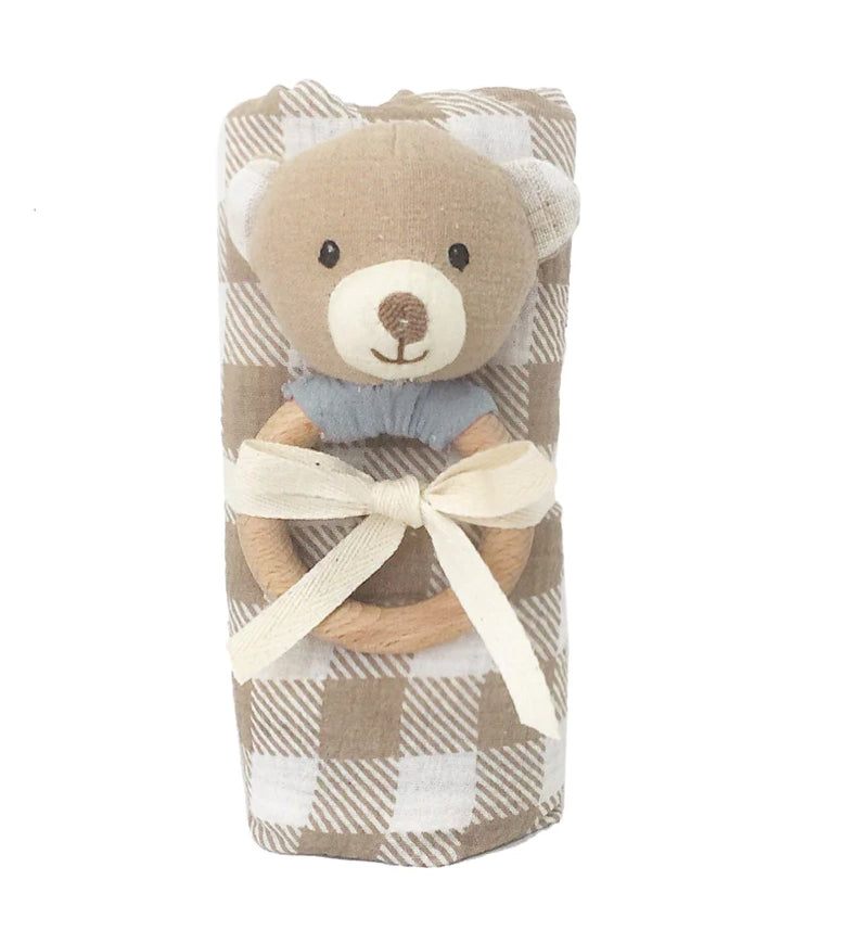 Mon Ami Gingham Muslin And Bear Wood Rattle Gift Set