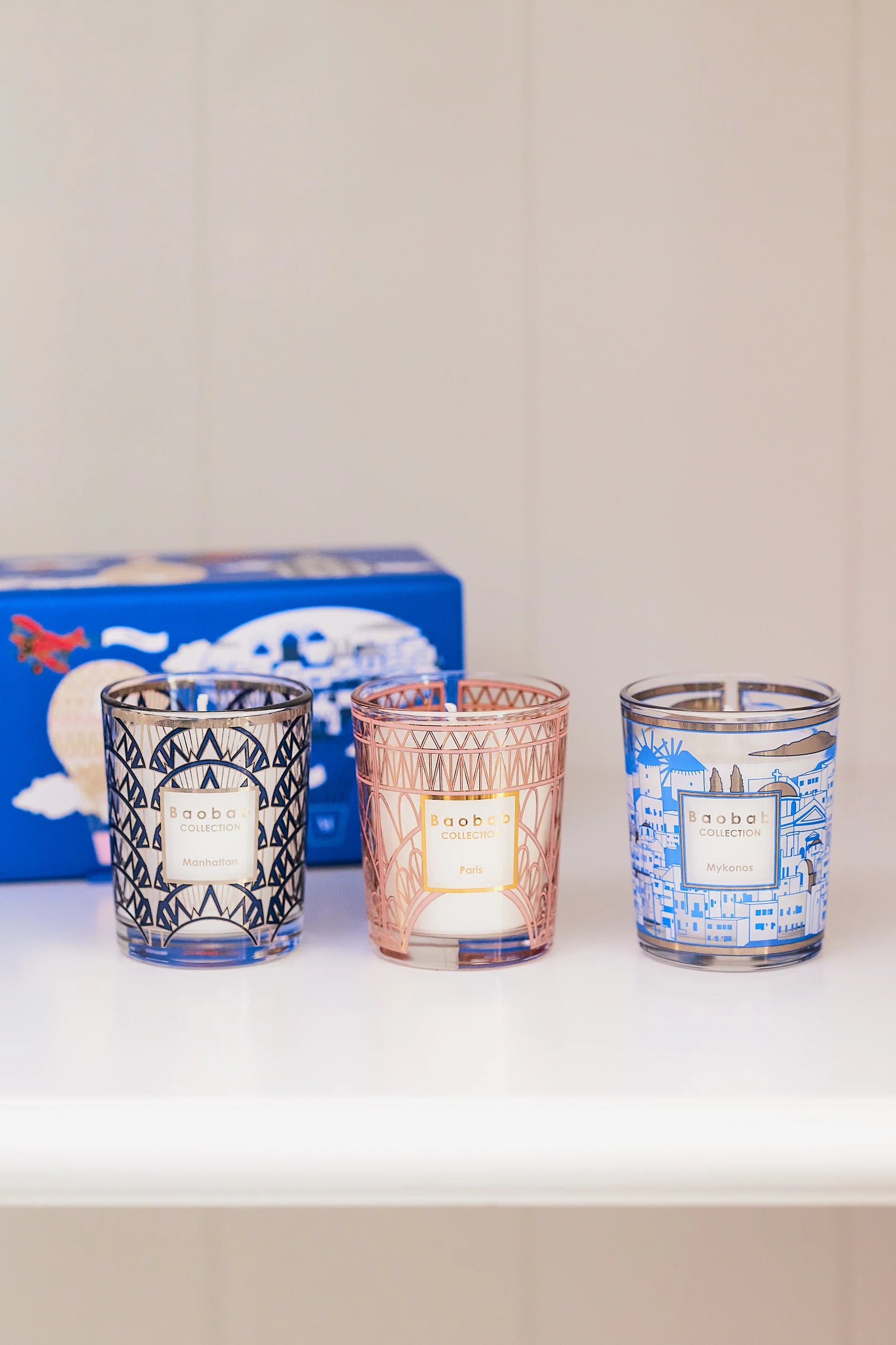 Baobab Trio Travel Candles Manhattan-Paris-Mykonos (bleu)