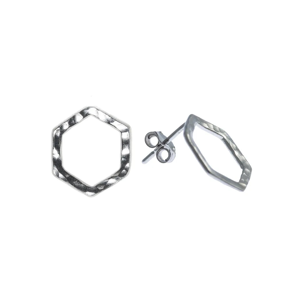 Lazy Maisie Hammered Hexagone Stud Earrings Silver