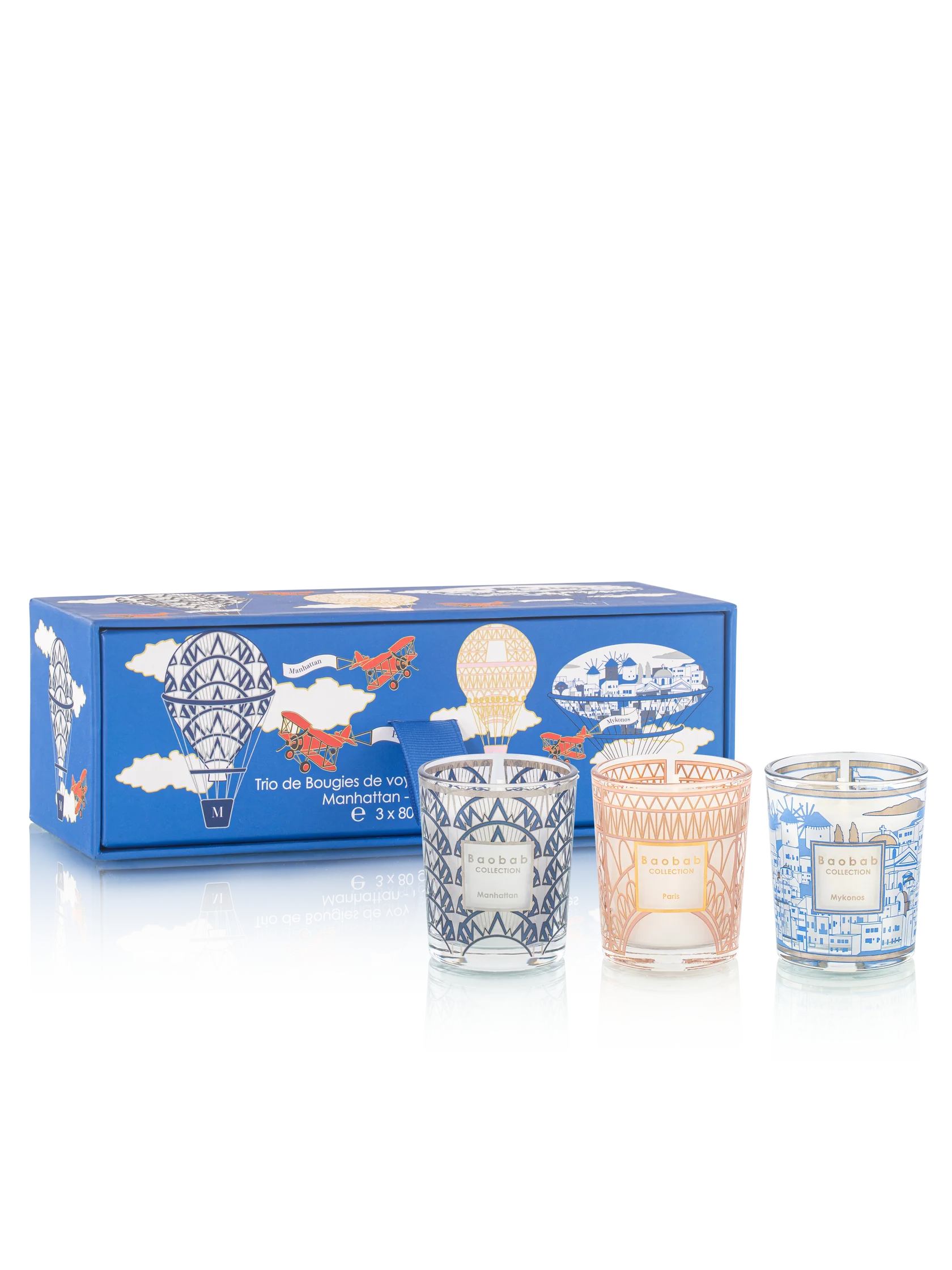 Baobab Trio Travel Candles Manhattan-Paris-Mykonos (bleu)
