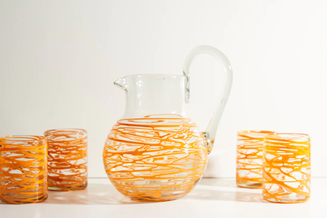 Verve Handblown Glass Pitcher Orange Swirl
